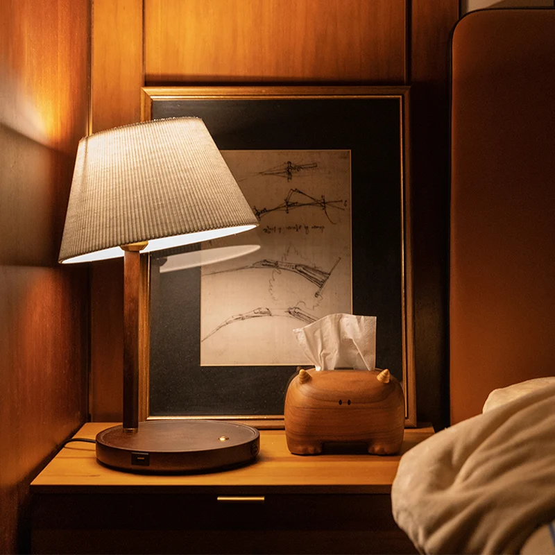 Pleated Fabric Table Lamp with Solid Wood Base for Bedrooms Living Rooms Studies Eye-friendly Design with Wireless Charging