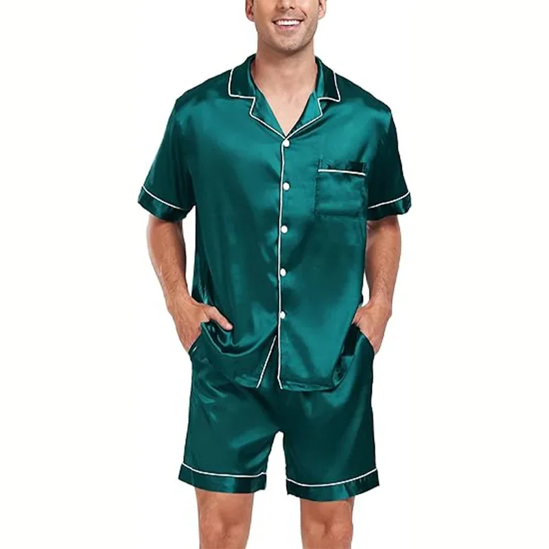 Casual Home Clothing Set Large Size Men\'s New Sleepwear Short Sleeved Shorts Pajama Suit Satin Finish European American Summer