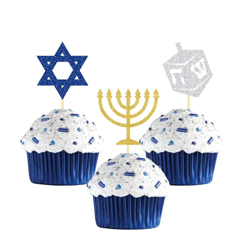 Hanukkah cupcake decoration, candle holder hexagonal decoration, for Hanukkah party decoration supplies-24pcs