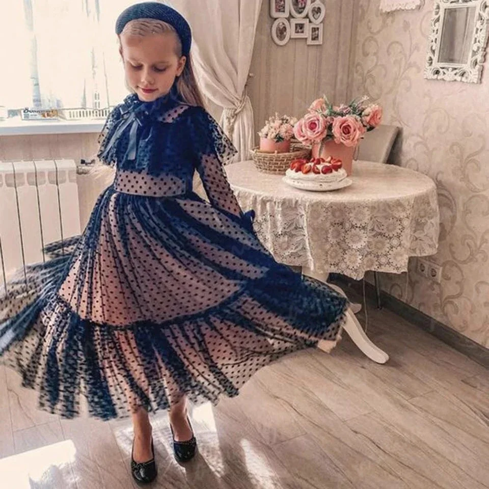 Lace Tulle Flower Girl Dresses For Wedding With Bow Half Sleeves Floor Length Kids Birthday Party First Communion Gown