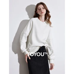 TOYOUTH Women Fleece Hoodies Sweatshirt 2024 Autumn and Winter Lace Splicing Round Neck White Hoodies Tops