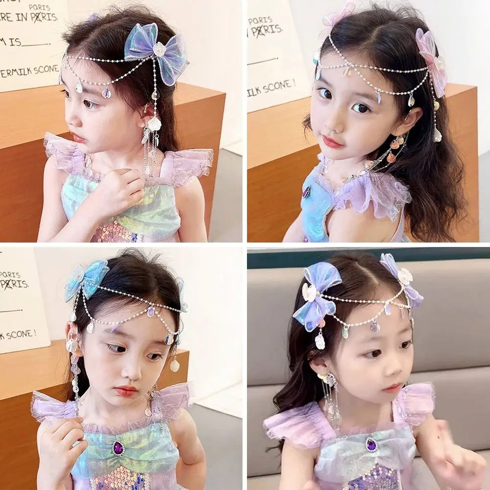 

1 Pair Fashion Mermaid Princess Children Forehead Chain Pearl Fairy Hair Clip Bowknot Cartoon Princess Headband Kids