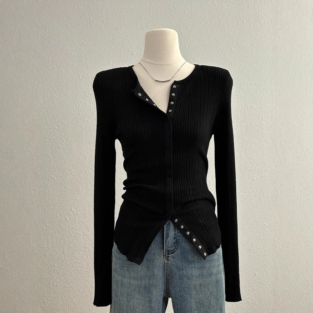 Women Premium Texture Knit Long Sleeve T Shirt Autumn Fashion Slim Fit Versatile Base Top Unique Open Front Knit Blouse Stylish 3