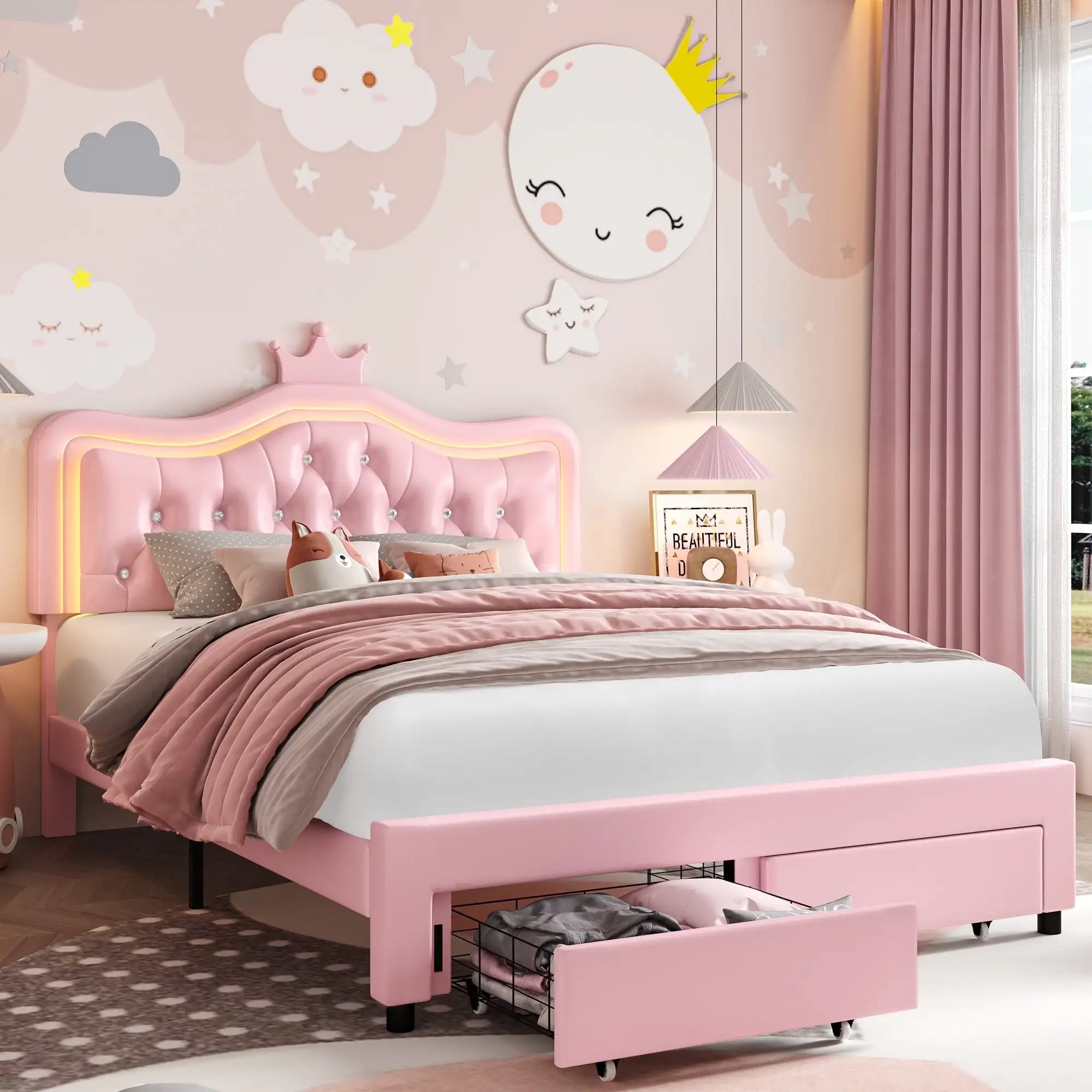 

LED Upholstered Bed with Adjustable Crystal Button Tufted Soft PU Princess Platform Bed with 2 Storage Drawers, Pink