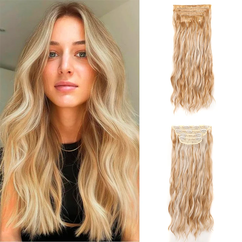 Clipe sintético ondulado longo na extensão do cabelo para mulheres, extensões de cabelo loiro, fibra natural, peça falsa, 20 ", 4pcs por conjunto