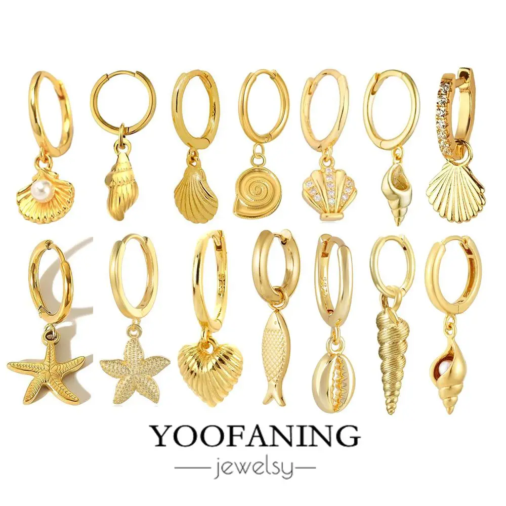 

925 Sterling Silver Ear Needle Classics Retro Gold Silver Earrings Shell/conch/starfish Pendant Women Earrings Jewelry Wedding
