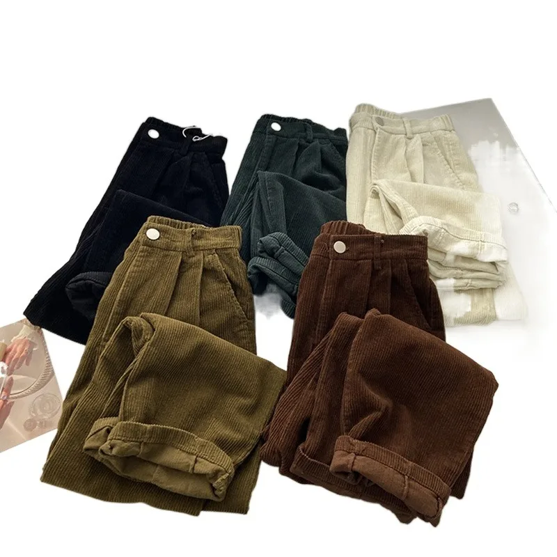 

Women Baggy Corduroy Straight Pants Causal Spring Fall High Wasit Pantalones Korean Oversized Spodnie Elegant Trousers New Broek