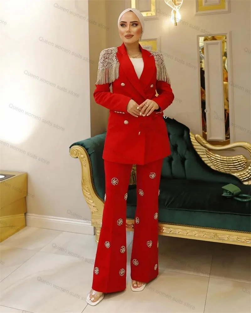 Lucury-traje rojo para mujer, conjunto de pantalón, Blazer con cuentas y pantalón, esmoquin de lujo de cristal para boda, vestido de graduación,