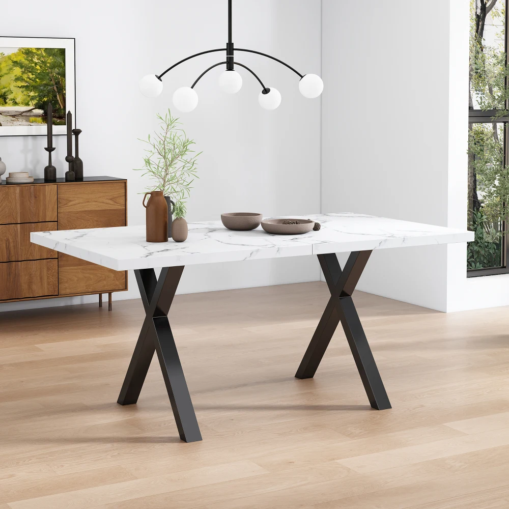 Esstisch, gekreuztes Design, rechteckiger Esstisch, Couchtisch, moderner, einfacher Esstisch aus Schmiedeeisen, 140 x 80 x 76 cm – Detail 21