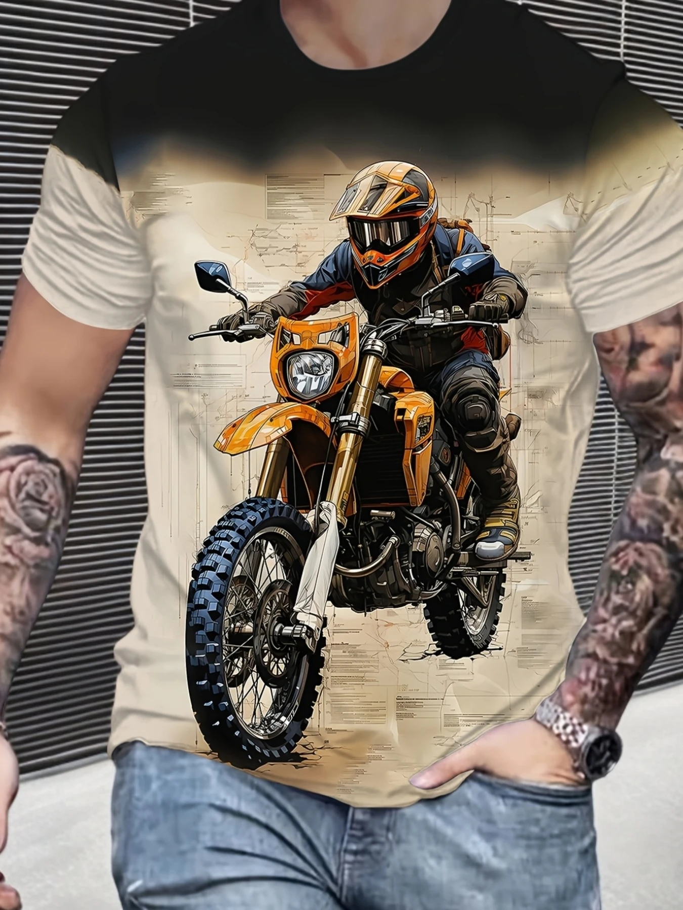 Unisex Biker T Shirt Retro Map Background Orange Dirt Motorbike Rider Print Motorcycle Lover Casual Short Sleeve Top