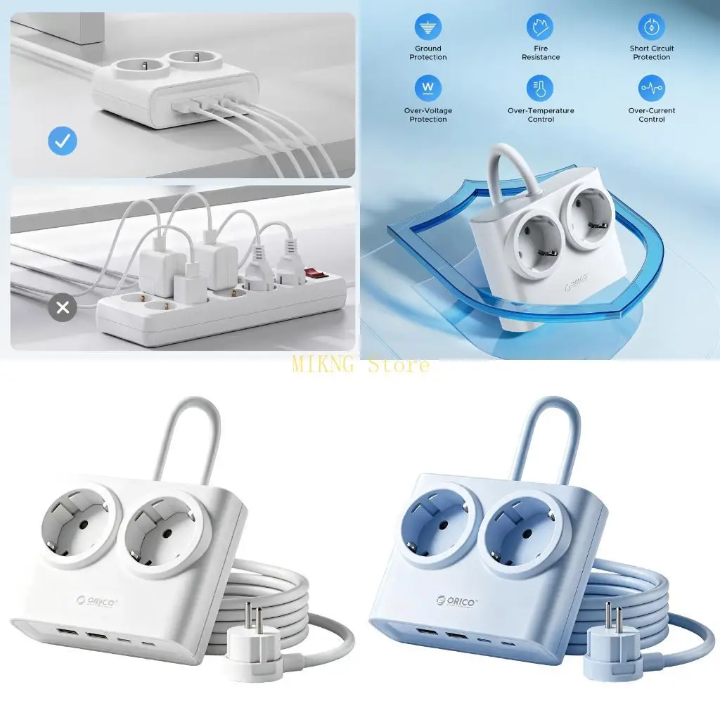 PD15.5W Power Strips with USB-A and USB C, 2 EU Outlet,Flat Plugs Charging Station Best Sale