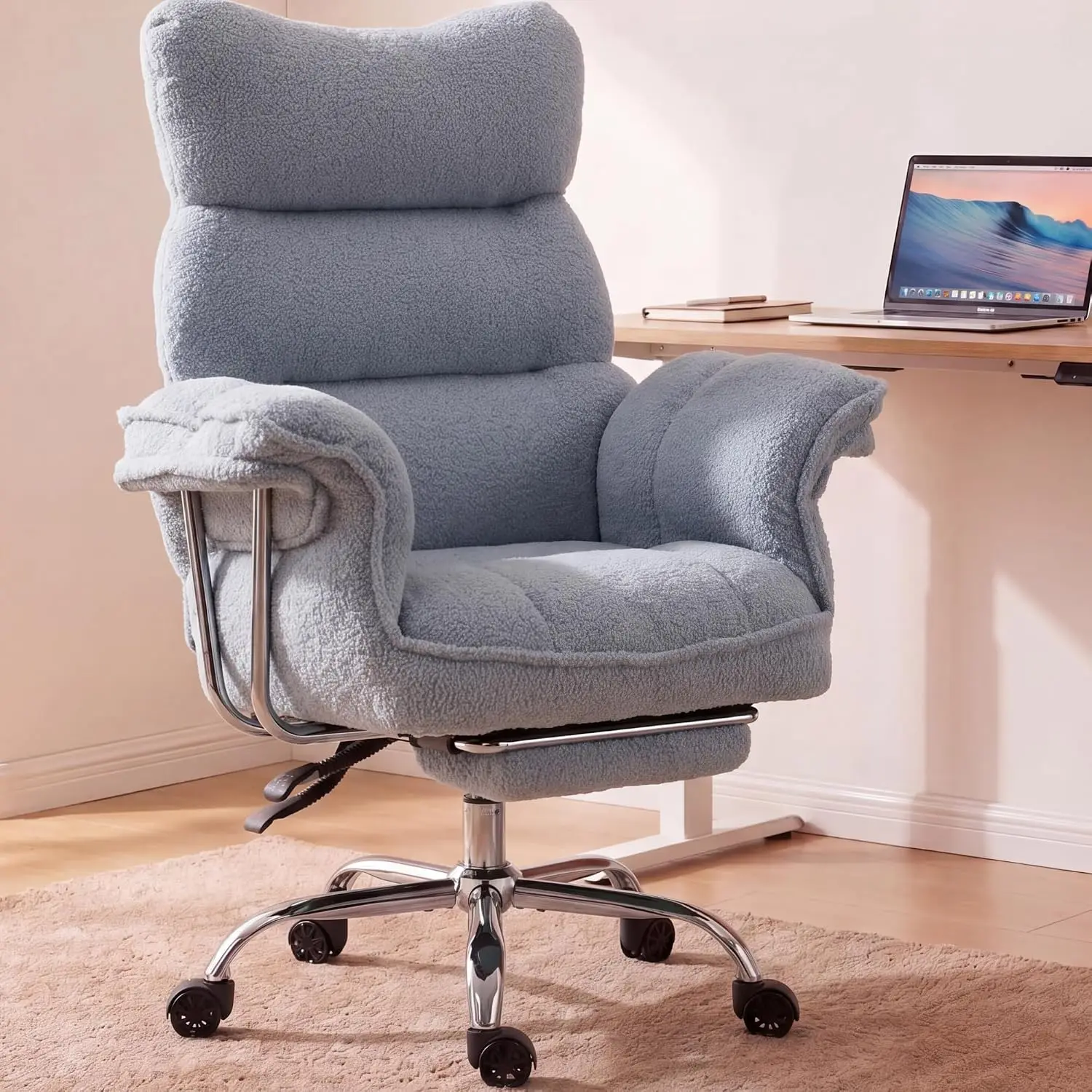 Ergonomic Office Chair With Thick Cushion, Wide Seat & Armrests, High Back Reclining Fleece Chair With Foot Rest, Customized