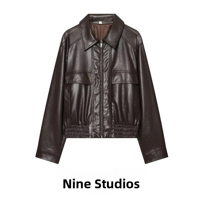 Loose Motorcycle Jacket Women's PU Leather Jacket Zipper Decoration Short Sleeve Long Coat Chinese Brand Fashionable Women's Top