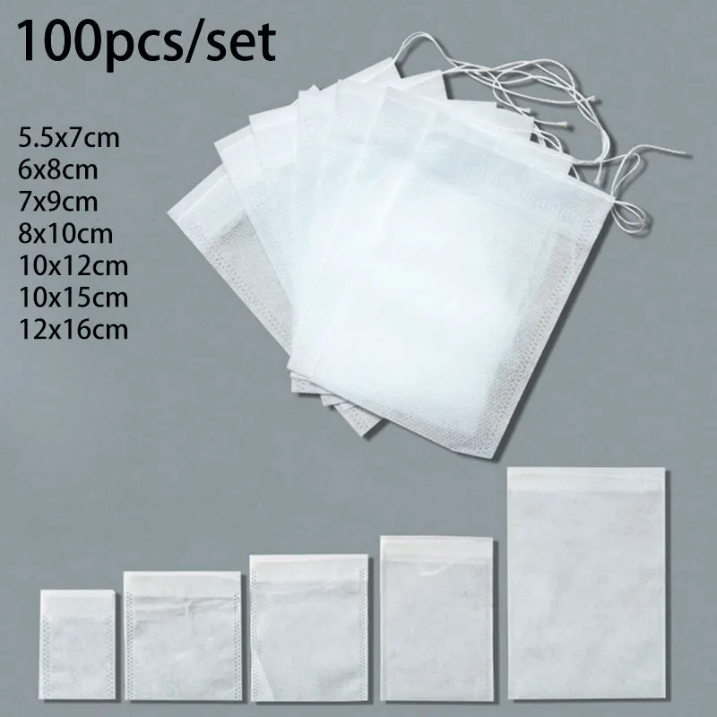 100Pcs/Lot Multi Size Disposable Non Woven Teabag Simple Drawstring Coffee Powder Filter Bag Food Grade Kitchen Seasoning Filter