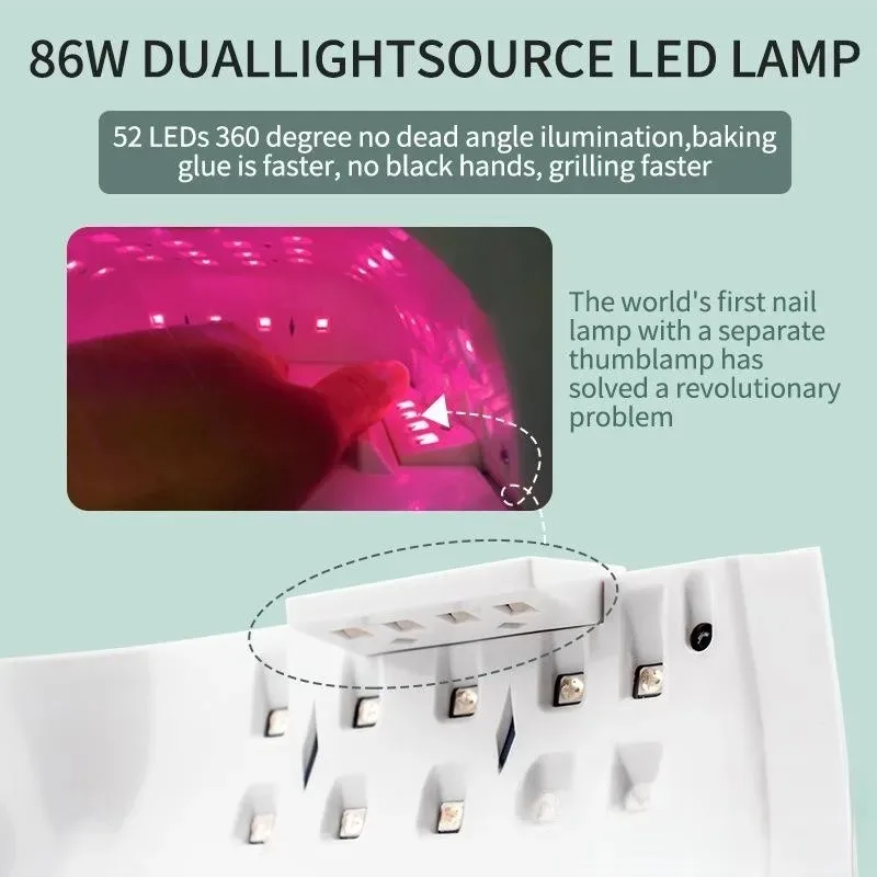 Lámpara de 86W para manicura, lámpara LED UV solar inalámbrica recargable, secador de uñas para curado de todos los geles, luz de 52 LED con Sensor de temporizador LCD
