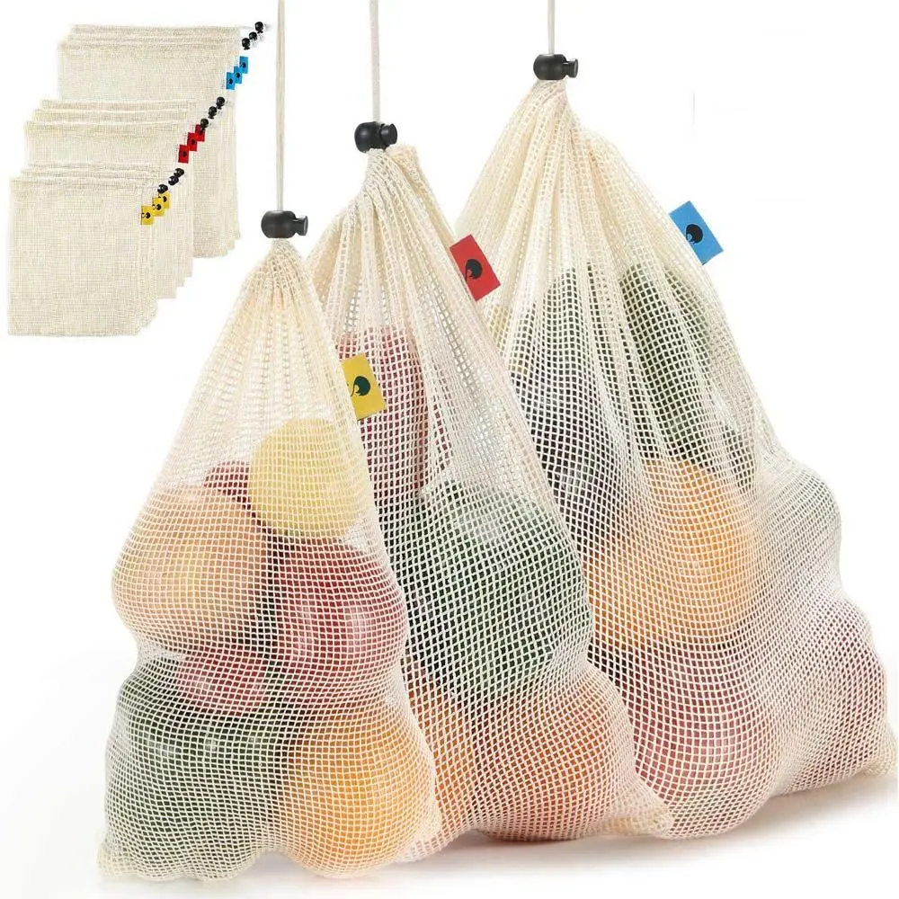 Kitchen Bio-degradable Cotton Mesh Reusable Fruit and Vegetable Storage Mesh Bags Washable Storage Bag