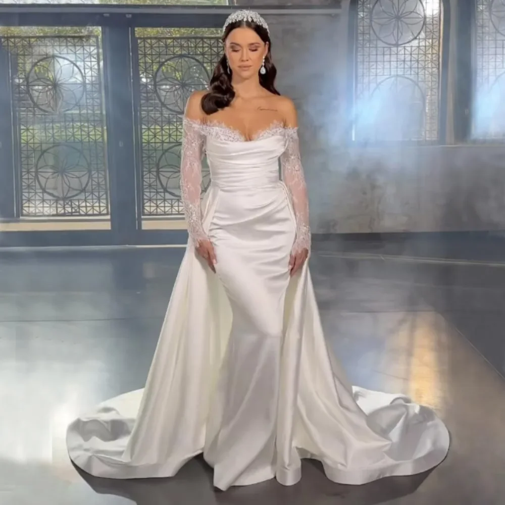 Impresionante Vestido De Novia De sirena con cola desmontable, vestidos De Novia De encaje, manga larga, hombros descubiertos, satén