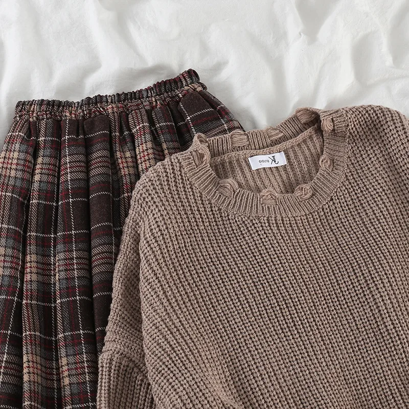 Autumn Winter Women\'s Long Skirt Suits Fashion Chic Knitted Set Loose Casual Pullover Sweater Top Vintage Brown Plaid Skirt 2pcs