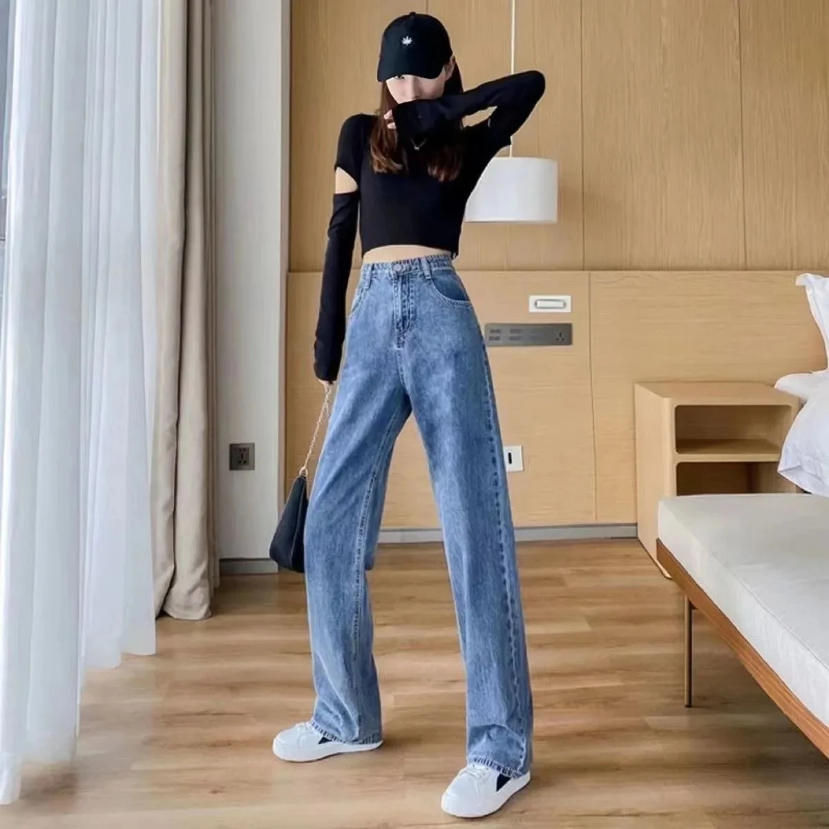 

2022 Spring Summer New Jeans Womens Fashion All-match Straight-leg Vertical Mopping Trousers Casual High-waisted Wide-leg Jeans