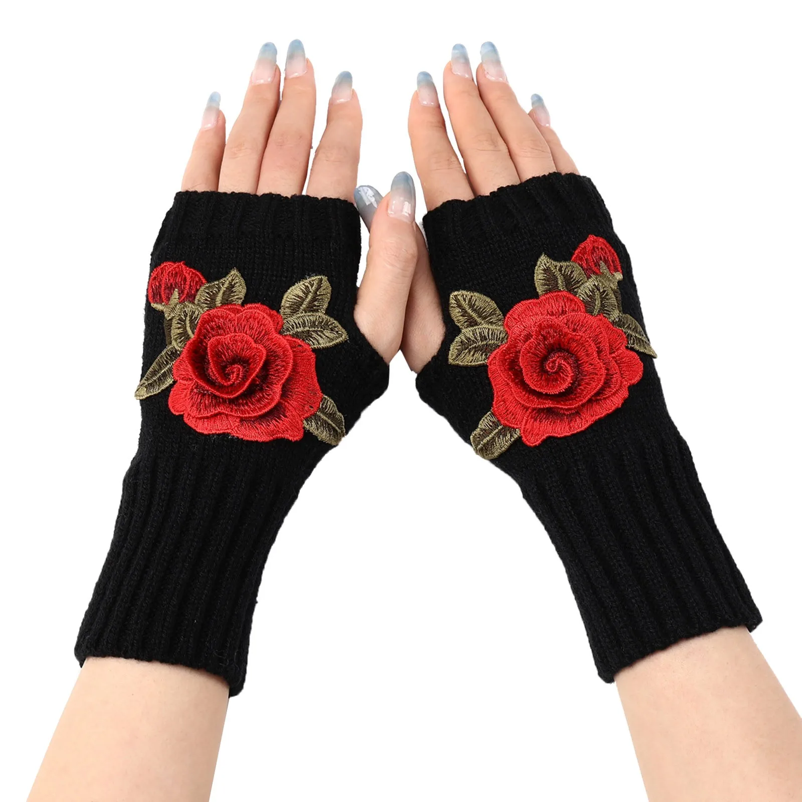 

Warm Mittens Fingerless Gloves Kawaii Rose Warmer Autumn Winter Women'S Short Gloves Embroidered Flower Knitted Wool Sleeves