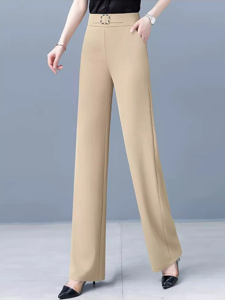 

Широкие брюки из ледяного шелка для женщин: летние, с высокой талией, струящиеся, повседневные, свободные, тонкие, прямого кроя, стильные, с эффектом похудения