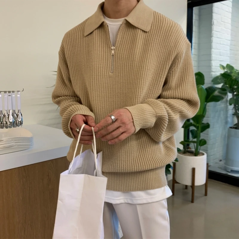 Autumn Zipper Lapel Sweater Men Warm Fashion Casual Knitting Pullover Men Korean Loose Long Sleeve Sweater Mens Jumper Clothes