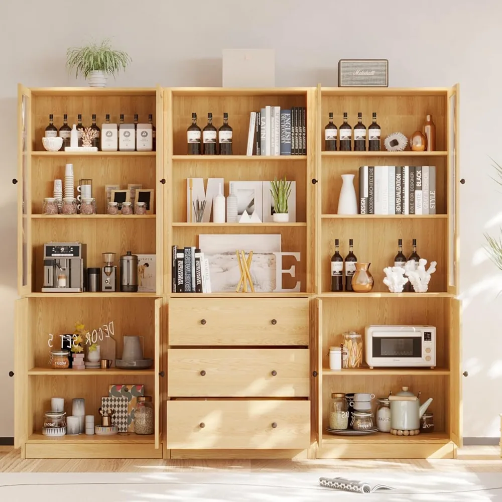 Kitchen cupboard, 3-Tier Modern Bookshelf with 3 Large Drawer,Wood Cabinet with,Two glass doors and Fixed Storage Shelves