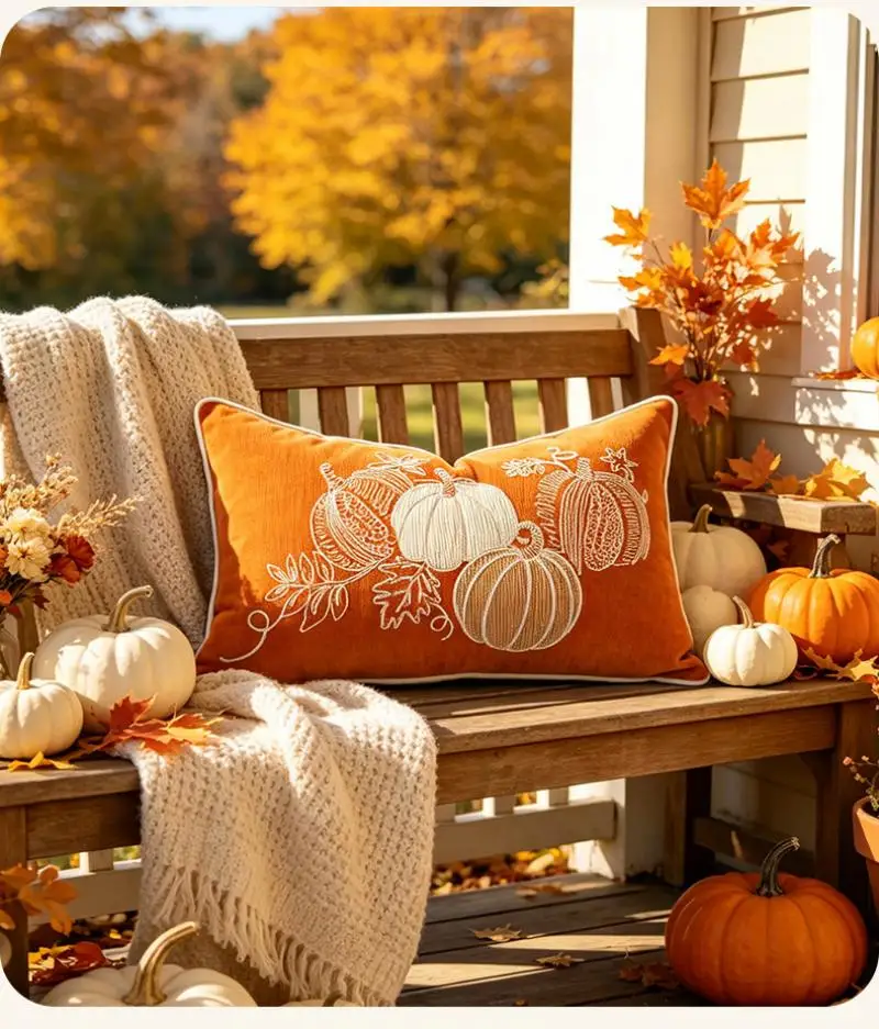 30x50 Kürbis-Bestickter Halloween-Kissenbezug Cojines Beige Orange Dekoration Sofa-Kissenbezug Kopfteil-Kissenbezug – Detail 8