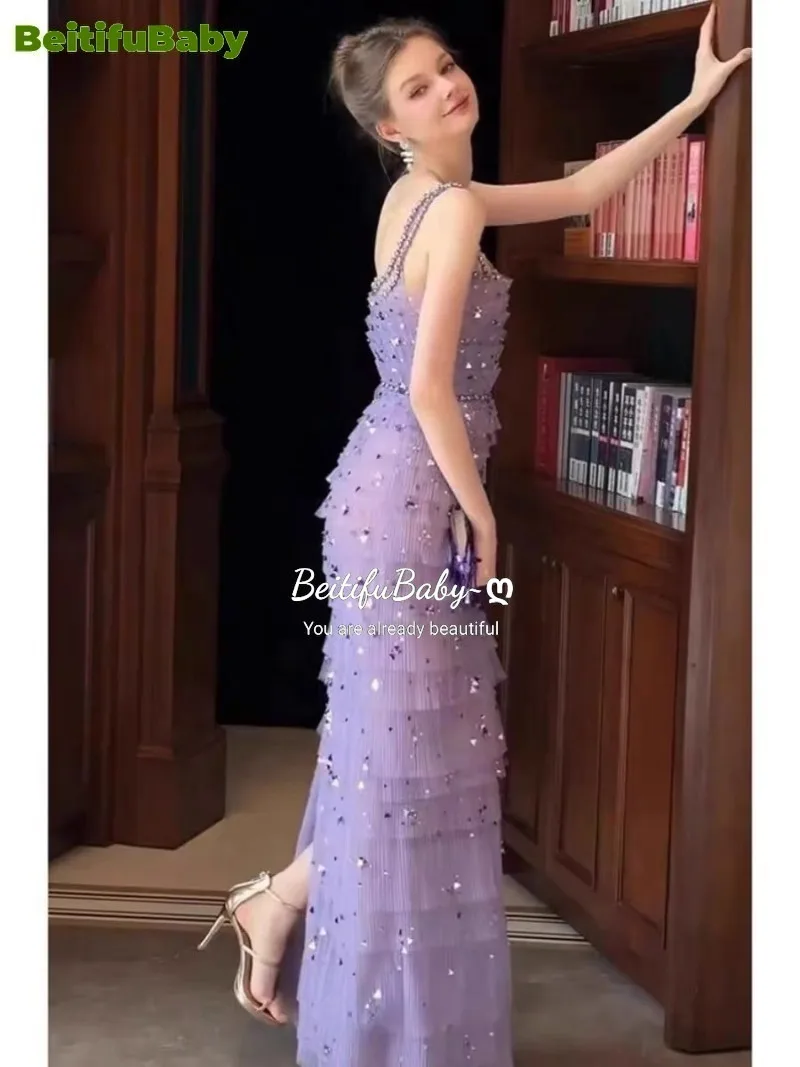 BeitifuBaby Fashion Evening Dress for Women Sleeveless Square Neck Lace Cake Skirts Crystal Decoration Bodycon Dresses Vestidos