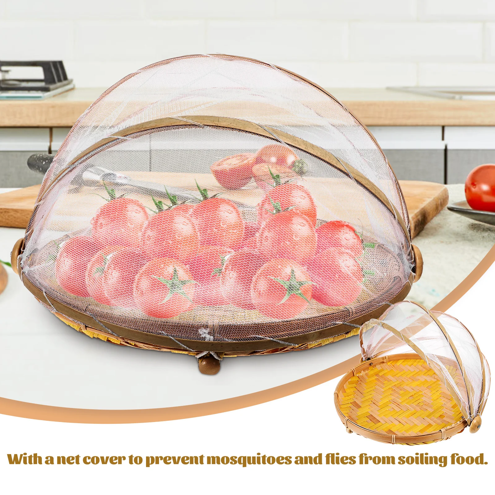 

1Pcs Anti-Fly Bamboo Basket Handmade Kitchen Fruit Storage Container Net Cover Food Storage and Table Decoration