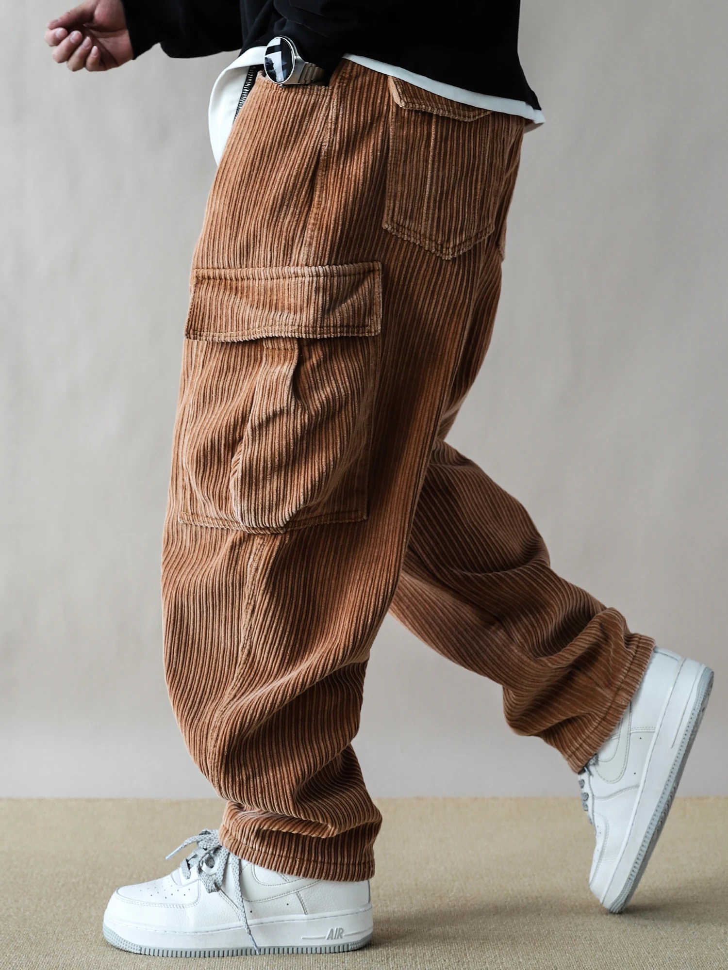 

American Workwear Sle Corduroy Knife Pants Men's Loose Multi-ket Casual Trousers Coffee Color Fce Lined Thiened