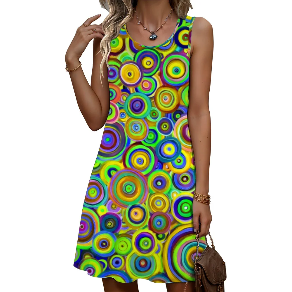 Colorful Round Pattern Fashion Women Mini Dresses Summer Sleeveless 3D Printed Streetwear Ladies Dress 3XL Big Size Casual Dress
