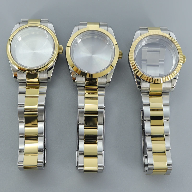 silvery Gold 36mm 40mm Fashion Round Edge Watch Case Strap Sapphire Fit Seiko nh35 nh34 nh36/38 Miyota 8215 Movement 28.5mm Dial