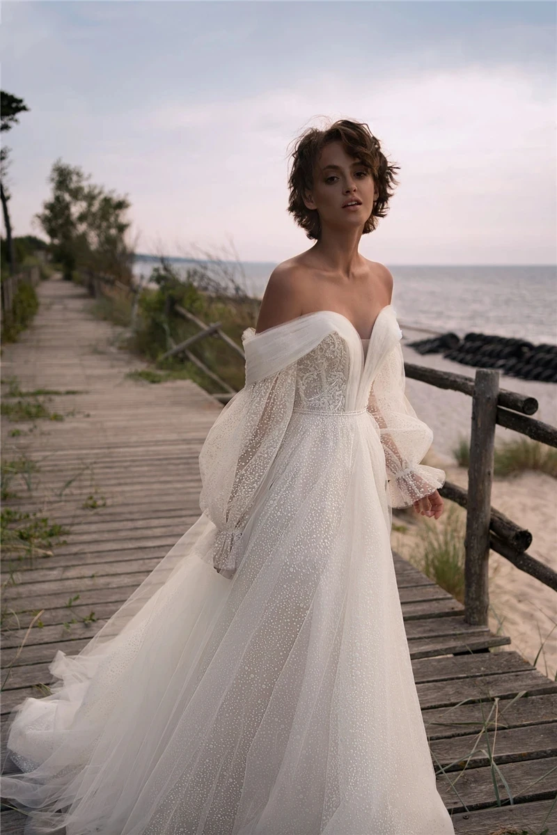 Glamorous-Vestidos De Novia acampanados con escote Corazón, traje De Novia y hombros descubiertos con espalda descubierta, tul escalonado, 2024