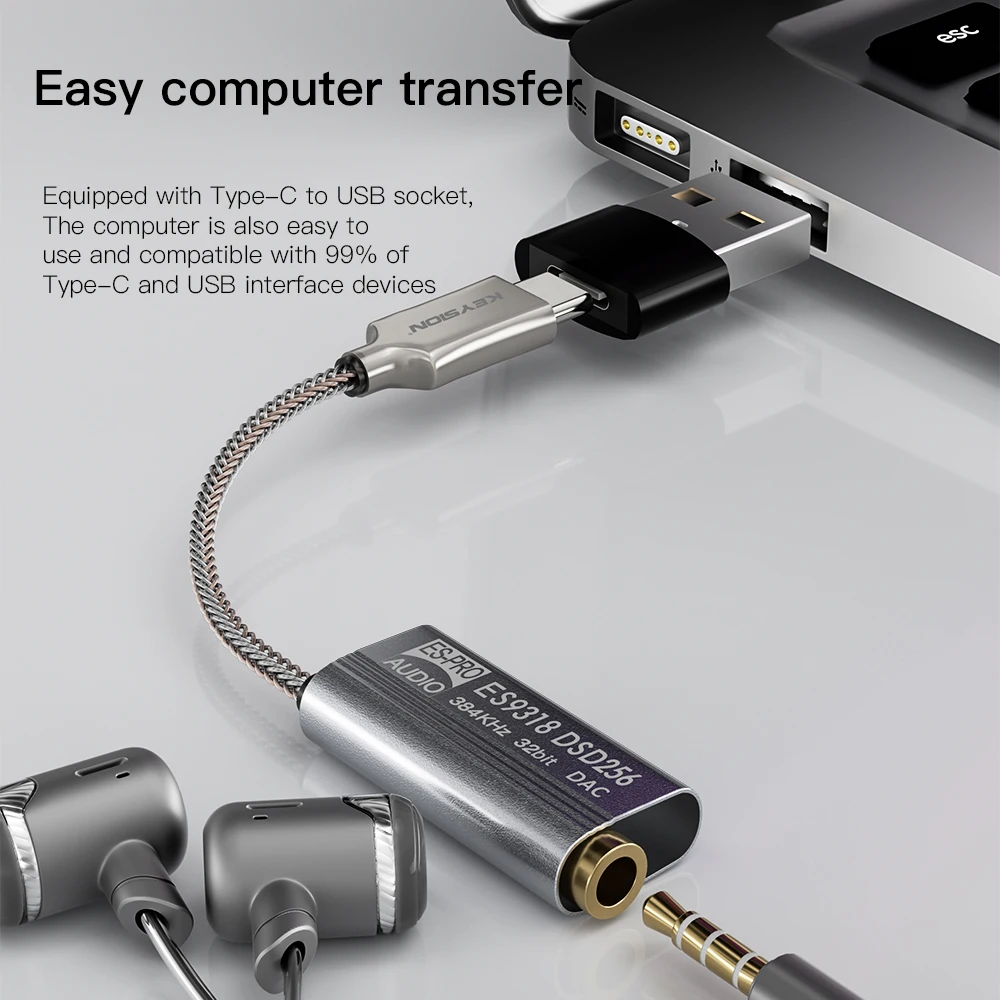 KEYSION DSD256 HIFI DAC Earphone Amplifier USB Type C to 3.5mm Jack Audio Adapter 32bit 384kHz Digital Decoder for iPhone 15 Pro