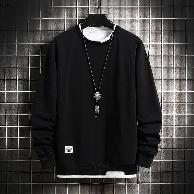 

Men's Casual Sweatshirts Hoodie Men Fake Two Pieces Multi Color O-Neck Fashion Harajuku Style Male Sweatshirt Motorcycle Shirt