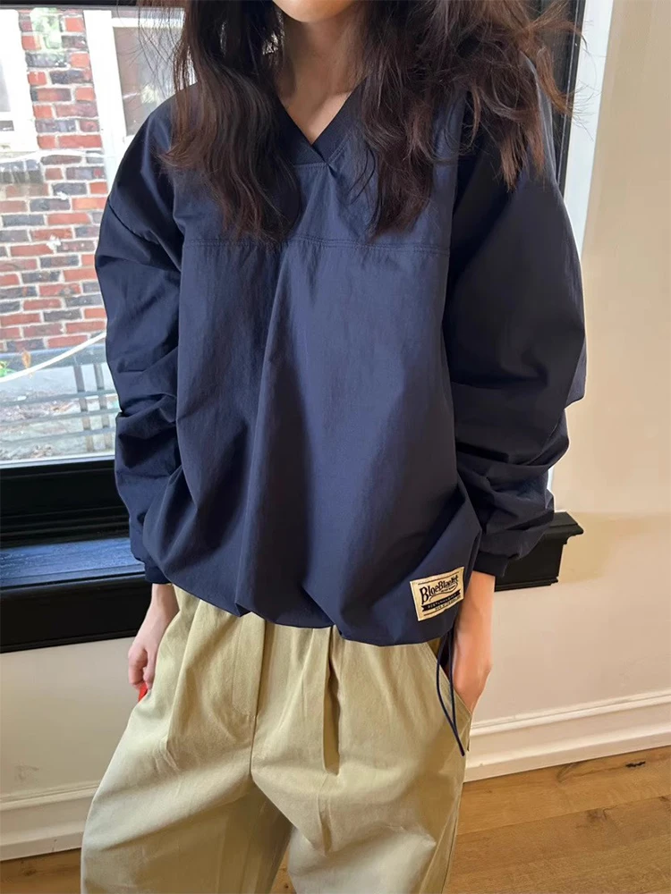 

Ретро-худи в американском стиле, женское, свободного кроя, с V-образным вырезом, с буквенными нашивками, с завязками по низу, осеннее, новинка, шикарное