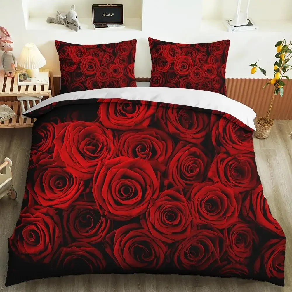 

Red Rose Duvet Cover Set Full Size Microfiber Red Flower Quilt Cover For Valentine's Day Mother's Day Wedding Soft Bedding Set