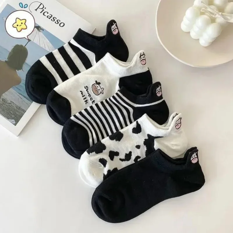 

Women'S Socks Low Tube Cow Stripe Black And White Cotton Socks Cartoon Embroidery Cute Leisure Short Barrel Stockings For Women