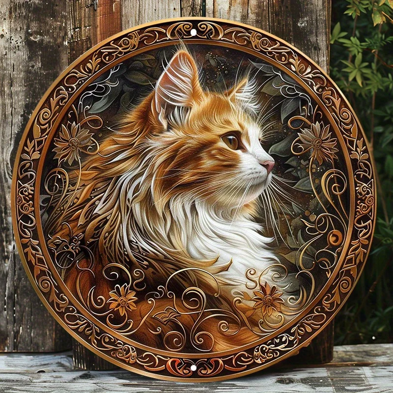 

Round Aluminum Metal Sign with HD Printed Golden and White, Cat Image, Durable, Weather-Resistant Door Hanger, Wall Decor
