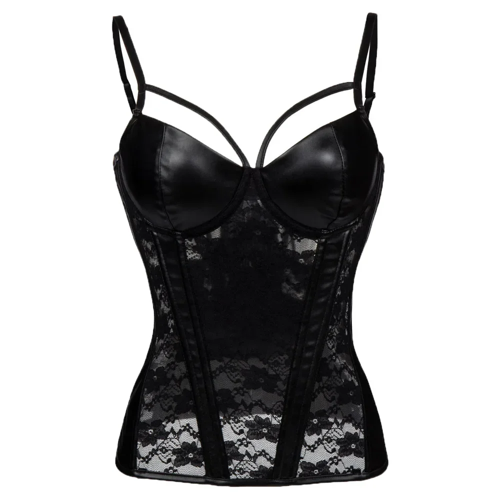 

Women Leather Corset Top Vintage Push Up Overbust Bustier Lingerie with Straps