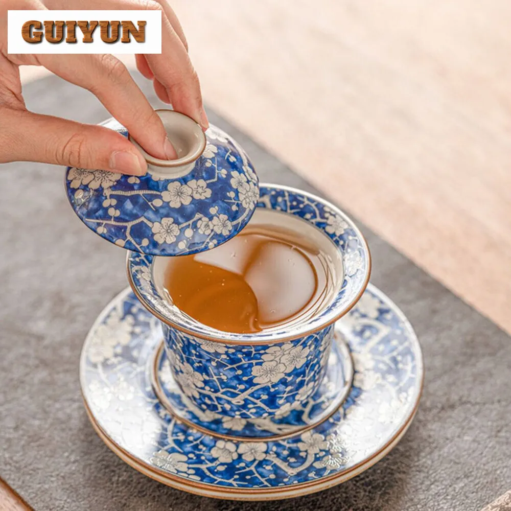 160ml High End Ru Kiln Gaiwan Japaneseblue Ice Plum Blossom Three Talent Tea Tureen Tea Brewing Cover Bowl Teaware Collection