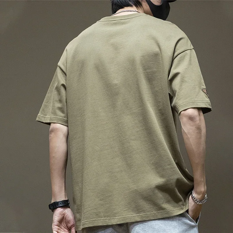 Summer Men's Short Sleeve Letter Printed T-shirt With Cargo Pocket Casual Cotton O-Neck Tops Y2K Streetwear Oversized Tee Shirts image 2