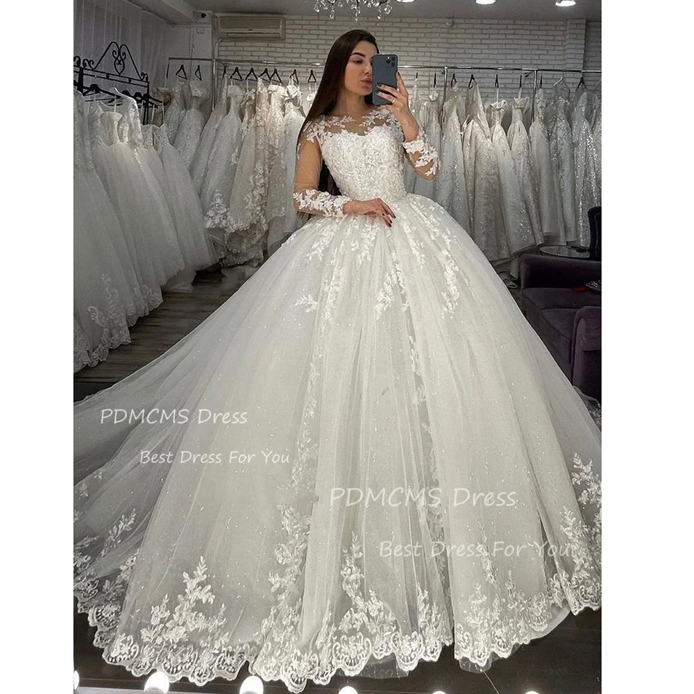 

Luxury Exquisite Tulle Applique Wedding Dresses Long Sleeve A Line Illusion Bridal Dress Quinceanera Lace Sexy vestido de noiva