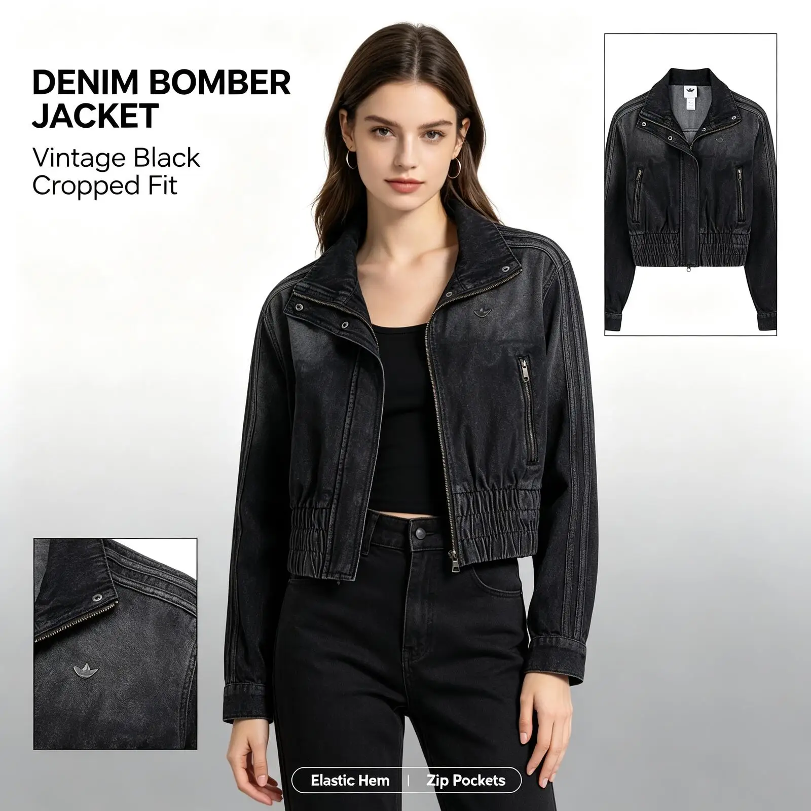 New Adidas Trefoil Women Black Cropped Denim Bomber Jacket Vintage Washed Zip-Up Elastic Hem Streetwear Outerwear