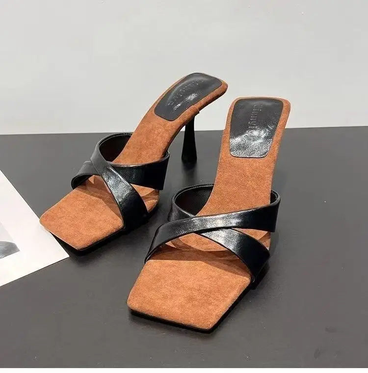

Cross-band Square-toe Women's Summer Slippers 2026 New French Retro Mid-heel Open-toe Sandals That Are Easy on The Feet