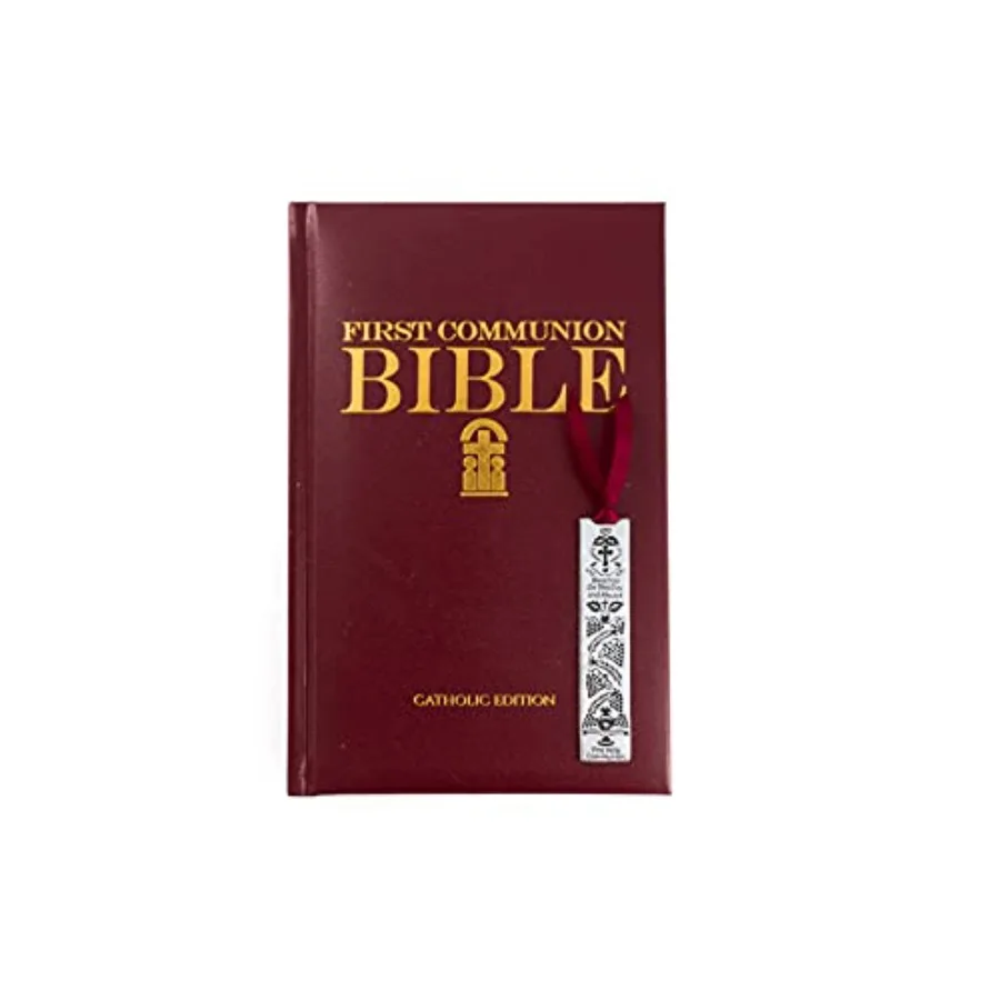 

First Communion Illustrated Bible Premium Hardcover Leather Edition with Silver Metal Engraved Bookmark Burgundy
