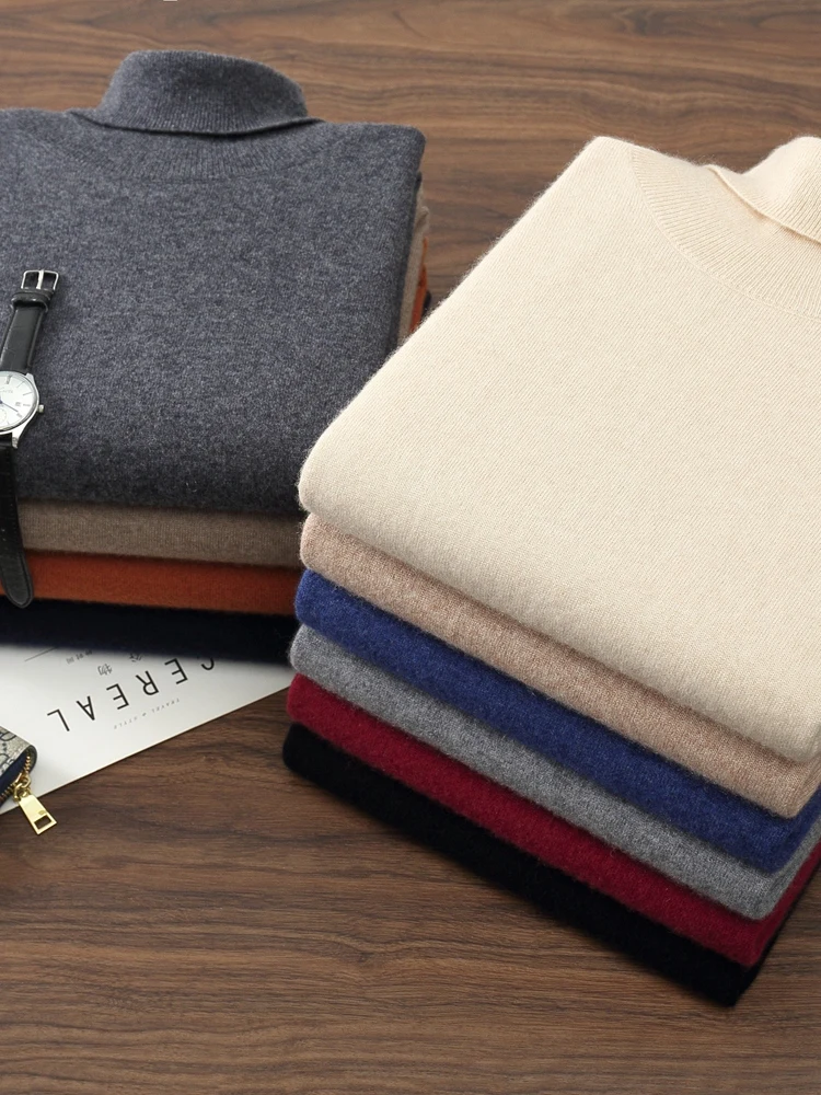 Men's Basic Clothing High Lapels Pullover Autumn Winter Sweater 100% Cashmere Sweater Pullover Versatile Warm Inside Join Knit