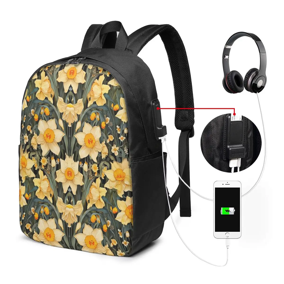 Beautiful Daffodil Flower Pattern Backpack Travel Notebook Bag Computer College Student School Bag Laptop Shoulder Bags