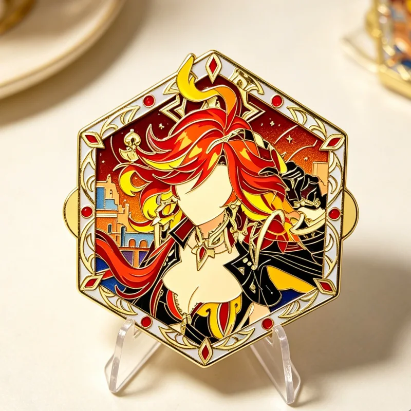 Mavica Hexagonal Badge Fanren Original Two-dimensional Etching Badge Bag Accessories Cos Bar Game Merchandise
